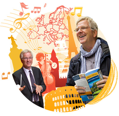 Rick Steves surrounded by illustrations of European landmarks and musical notes